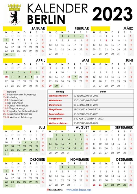 Kalender 2023 Berlin Mit Ferien Feiertage