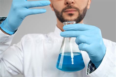 Selective Focus Of Flask With Blue Liquid Stock Image Image Of