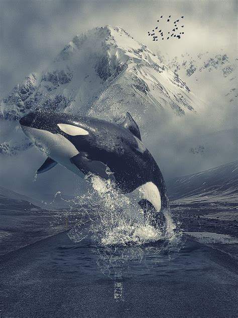 Hd Wallpaper Manipulation Animal Killer Whale Orca Mountains Road