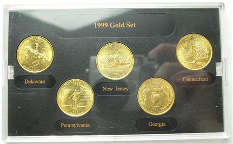 Each uncirculated quarter is layered 7 times in pure 24 karat gold. 1999 Uncirculated 24kt Gold Layered State Quarter Set & 2000 Uncirculated 24kt Gold Layered ...