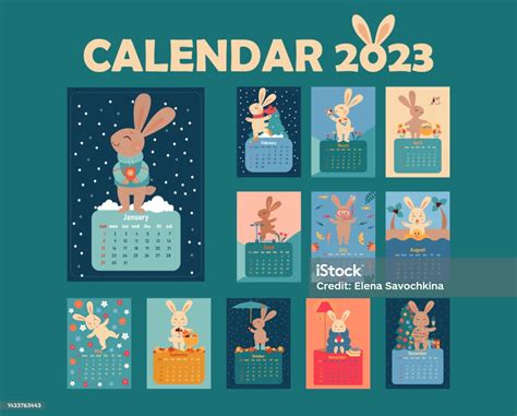 Template Kalender 2023 Dengan Gambar Rabbit Lucu Ilustrasi Stok Unduh