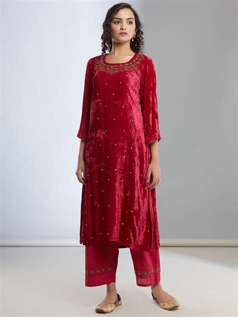 Buy Red Embroidered Velvet Kurta With Cotton Pants And Chanderi Dupatta