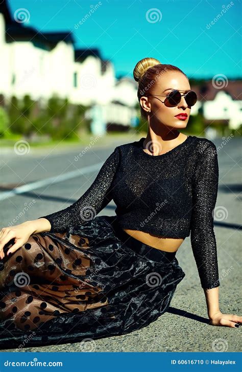Beautiful Young Blond Model Girl In Summer Hipster Clothes In The