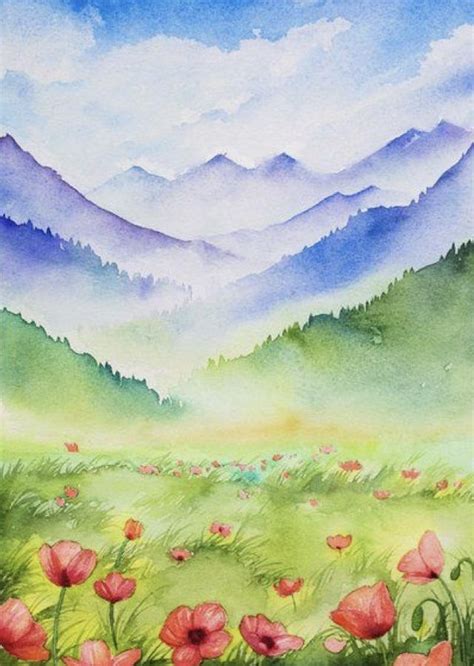 Watercolor Painting Of Mountains And Flowers In The Foreground With