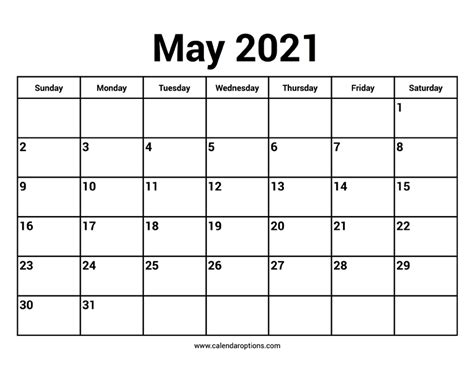 May 2021 Calendars Calendar Options