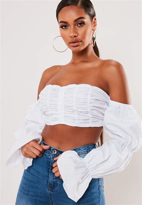 White Ruched Long Sleeve Bardot Crop Top Missguided