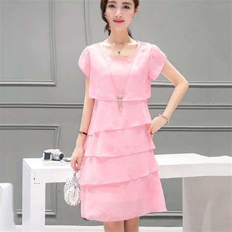 Elegant Chiffon Midi Dress Women Plus Size 5xl Loose Cascading Ruffle Pink Dresses Casual O Neck