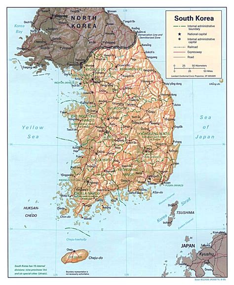 Detallado Mapa Político Y Administrativo De Corea Del Sur Con Relieve
