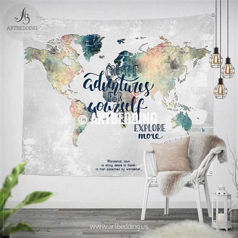 Adventure Wall Tapestry World Map Watercolor Wall Hanging Grunge