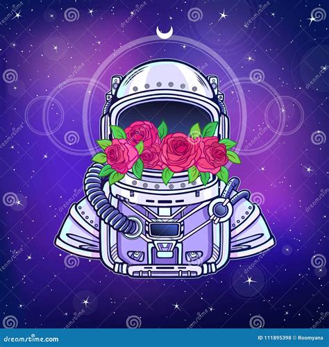 Space Helmet Of The Astronaut Is Filled In Flowers Roses Stock Vector