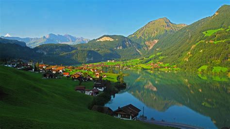 배경 화면 경치 언덕 호수 자연 반사 협만 골짜기 스위스 알프스 산맥 고원 나무 가을 꽃 목초지