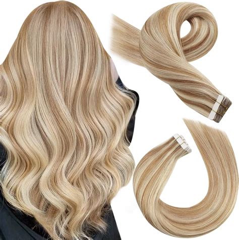 Moresoo Blonde Tape In Hair Extensions Real Hair Tape In Extensions Highlight Medium Brown With