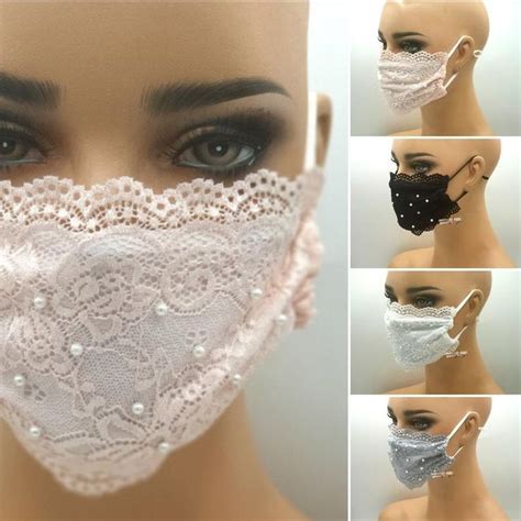 Lace Face Masks With White Pearls Wedding Mask 2 Layer Etsy Lace