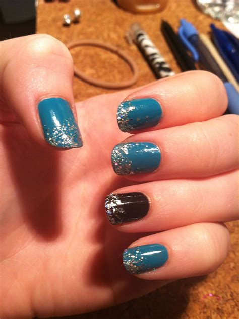 Teal And Black Nails With Sliver Glitter Gradient Nails How To Do