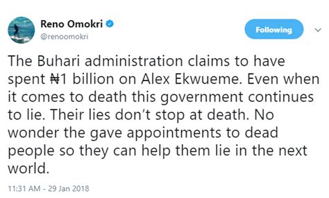 Reno Omokiri Reacts To The News That The Present Administration Has Spent N Billion On Alex Ekwueme