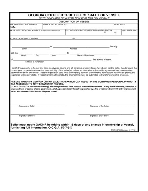 Georgia county of $ (purchase price) for and in consideration of the georgia department of driver services 2206 east view parkway ? Certified True Bill of Sale for Vessel - Georgia Free Download