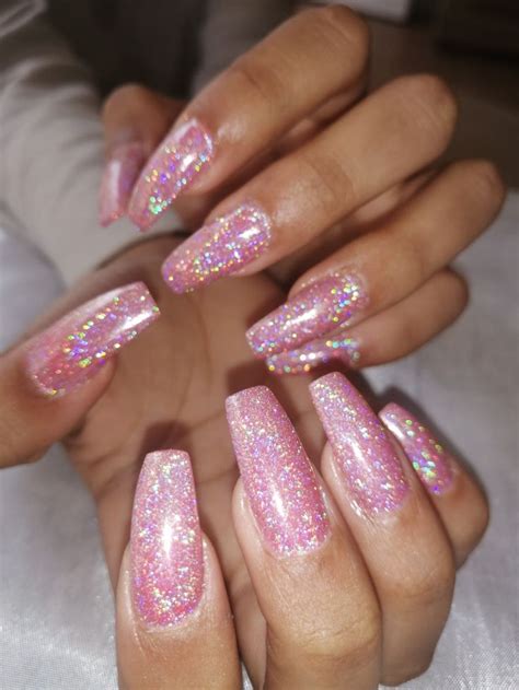 Holographic Glitter Acrylic Nails Pink Glitter Nails Glittery