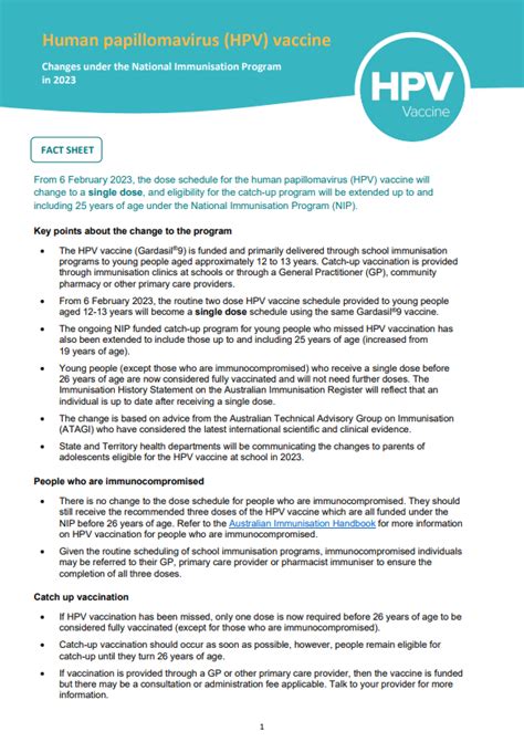 Hpv Vaccine Fact Sheet Outlining Changes Under The National