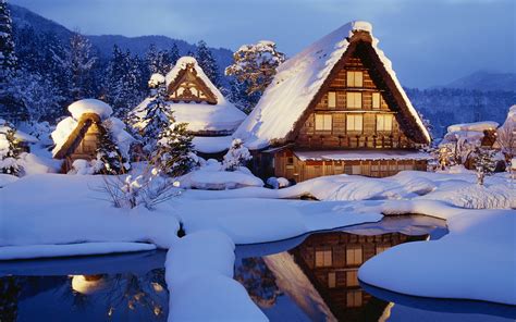 Wallpaper Winter Snow Lodges Lake Light Reflection Japan
