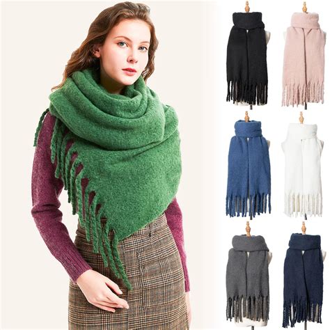 Fashion Women Thick Warm Tassel Scarves Wraps Autumn Winter Round Neck Solid Long Scarf Shawl