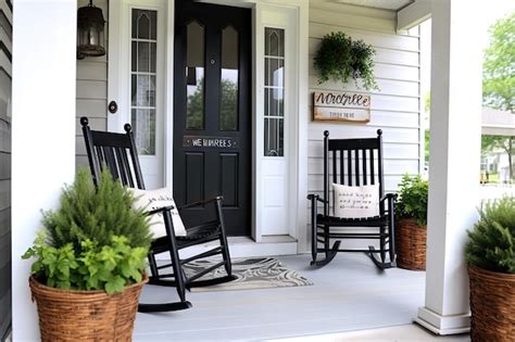 Premium Ai Image Front Porch With Rocking Chairs Welcome Sign And