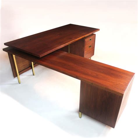 Mid Century Modern Walnut And Brass L Shaped Executive Desk With Return