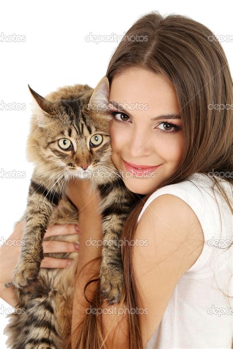 Young Woman Holding Cat Stock Photo By ©belchonock 50838957