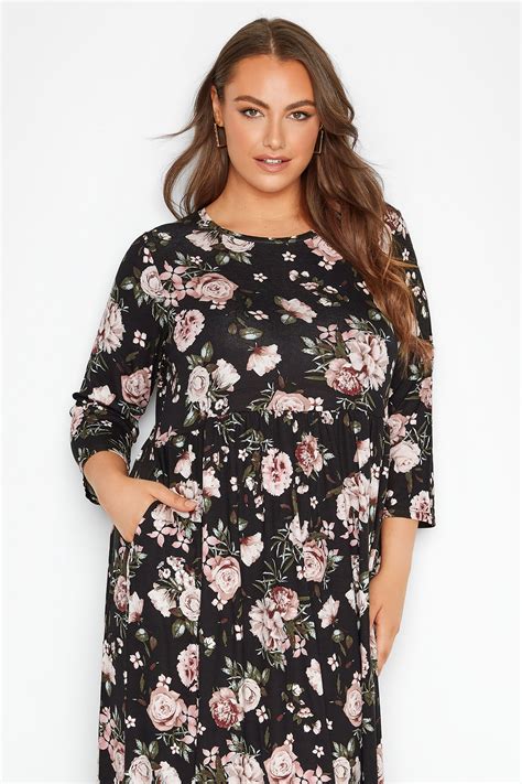 Plus Size Black Floral Print Midi Dress Yours Clothing