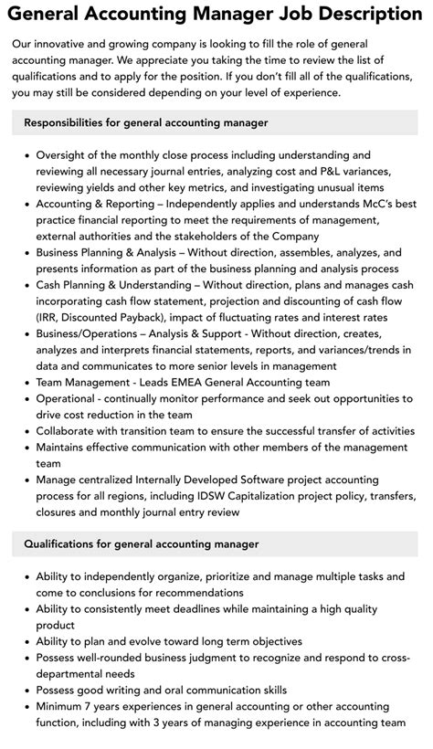 General Accounting Manager Job Description Velvet Jobs