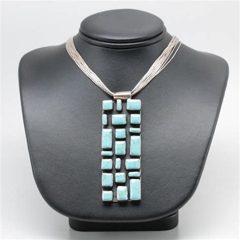 Mexican Sterling Turquoise Pendant With Liquid Silver Necklace