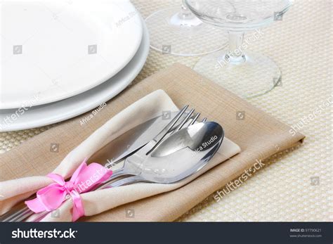 Put the dinner plate in the middle of the placemat. Table Setting Fork Spoon Knife Plates Stock Photo 97790621 ...
