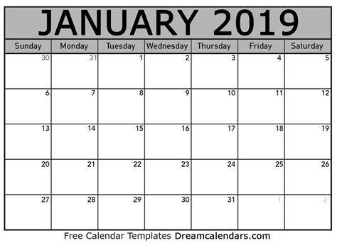 Download Printable January 2019 Calendars