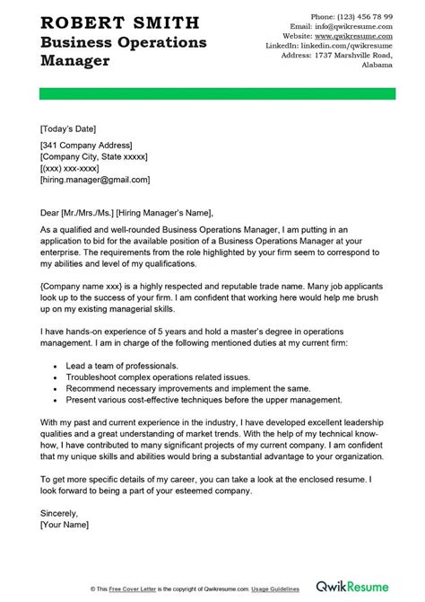 Business Operations Manager Cover Letter Examples QwikResume