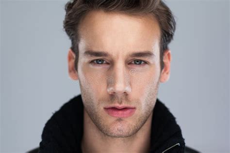 Fashion Man Face Close Up Over Gray Background Stock Photo Image Of