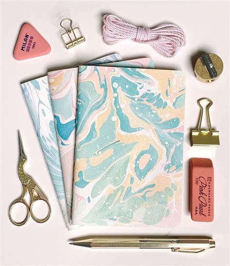 Trio Of Mini Marbled Notebooks In Pinks Greens And Blues Handmade