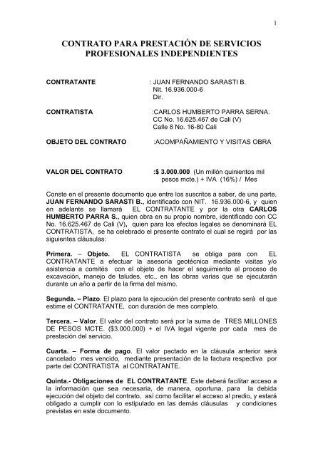 Contrato Para PrestaciÓn De Servicios Profesionales Independientes