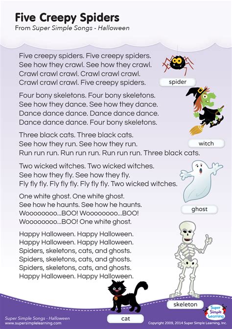 Five Creepy Spiders Lyrics Poster - Super Simple