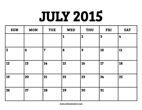 Calendar July 2015 Printable Old Calendars