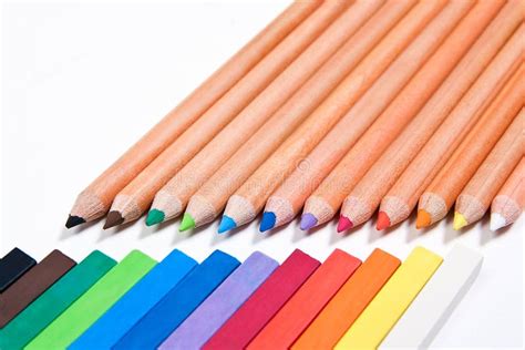 Close Up View Of Different Color Pencils And Chalk Pastels Isola Stock