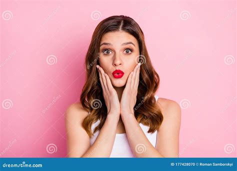 Portrait Of Crazy Astonished Redhead Girl Look Incredible News Touch Her Cheeks Hands Make Lips