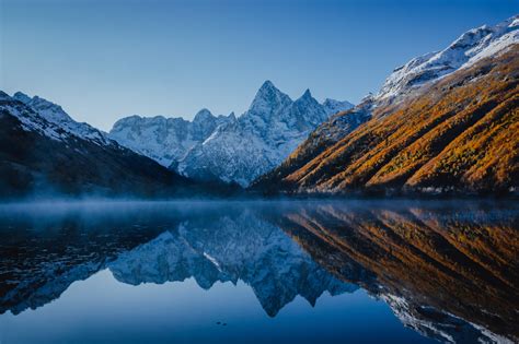 Wallpaper Mountains Snowy Peak Snow Water Reflection Clear Sky