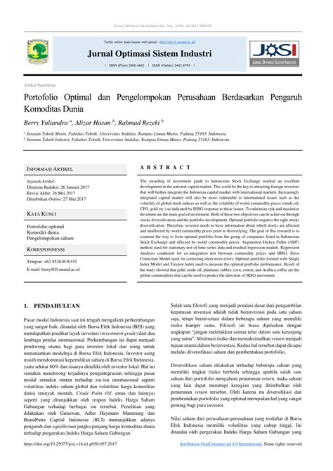 Analisis Pembentukan Portofolio Optimal Berdasarkan Single Index Model