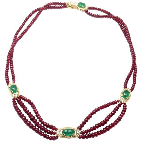 Van Cleef And Arpels Ruby Bead Emerald Diamond Gold Necklace For Sale