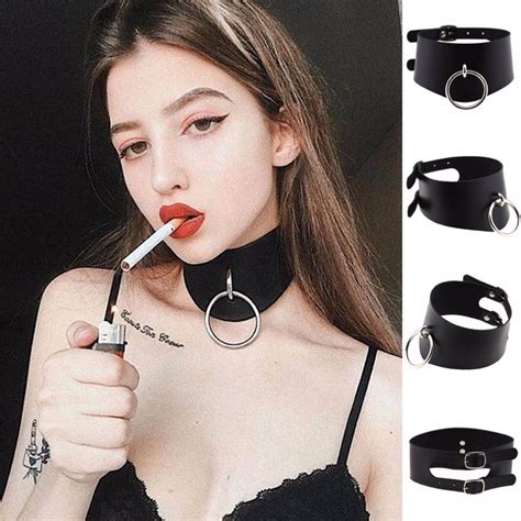 Sexy Gothic O Round Pendant Choker Belt Collar Leather Goth Choker