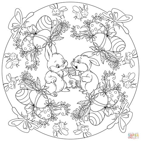Easter Mandala With Two Rabbits And Eggs Coloring Page Free Printable