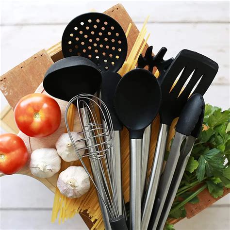 Stainless Steel Cooking Tool Sets Black Silicone Modern Nonstick
