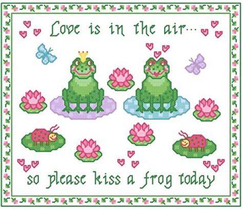 Cross stitch pattern in pdf 93w x 95h stitches aida 14 count, white (or colour of your choice): Kiss a Frog Today Cross Stitch Pattern animals