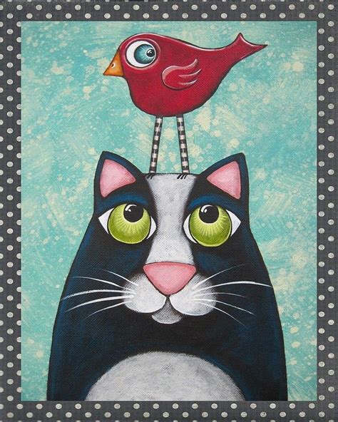 Cat And Bird In 2020 Folk Art Cat Art Whimsical Art