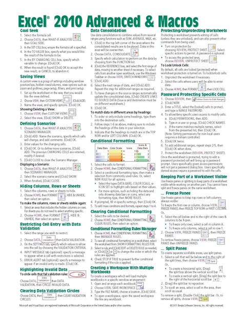 Microsoft Excel 2010 Advanced And Macros Quick Reference Guide Cheat