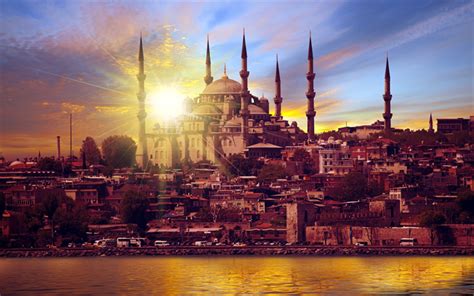 Download Wallpapers Istanbul 4k Blue Mosque Sunset Panorama Turkey